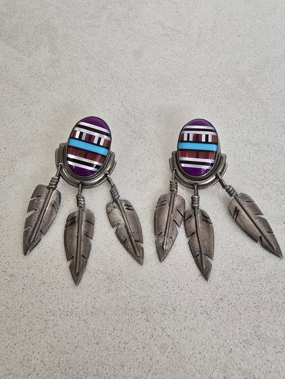 Sterling Silver Multistone Inlay Feather Drop Earrings Signed WC Zuni Style